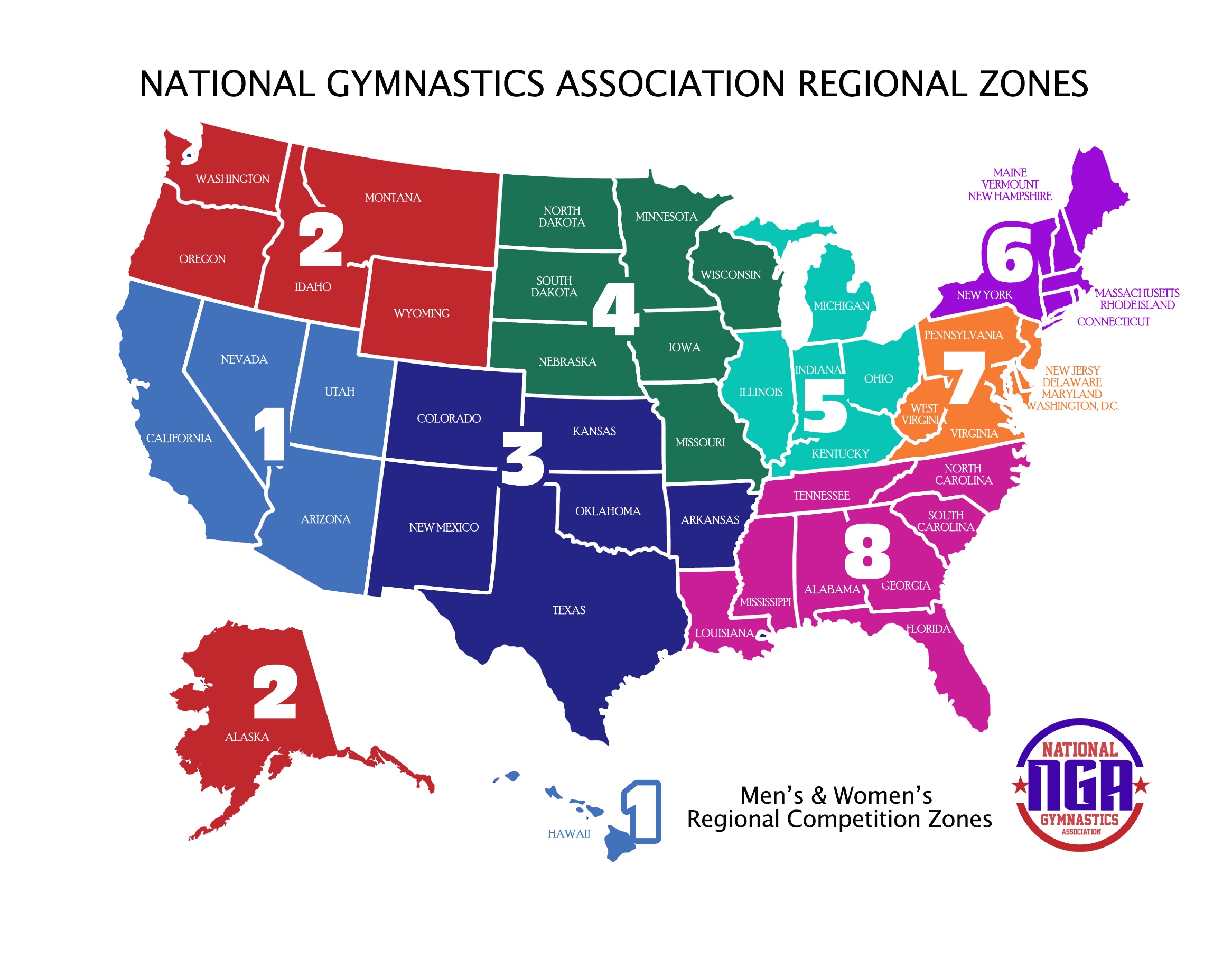 Map of the United States divided into the eight NGA men's and women's regional competition zones